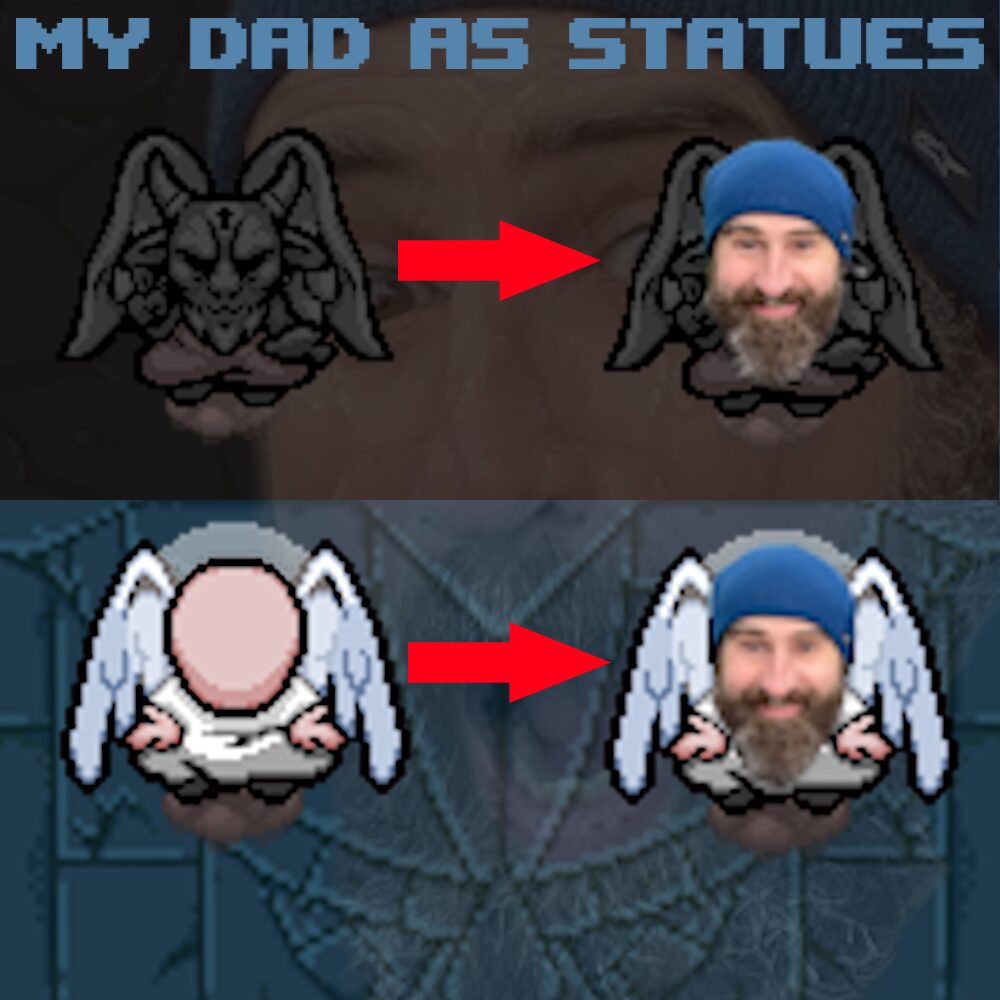 my dad as devil and angel statues — screenshot 1