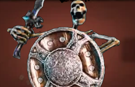 Skeleton banging shield over bad pill