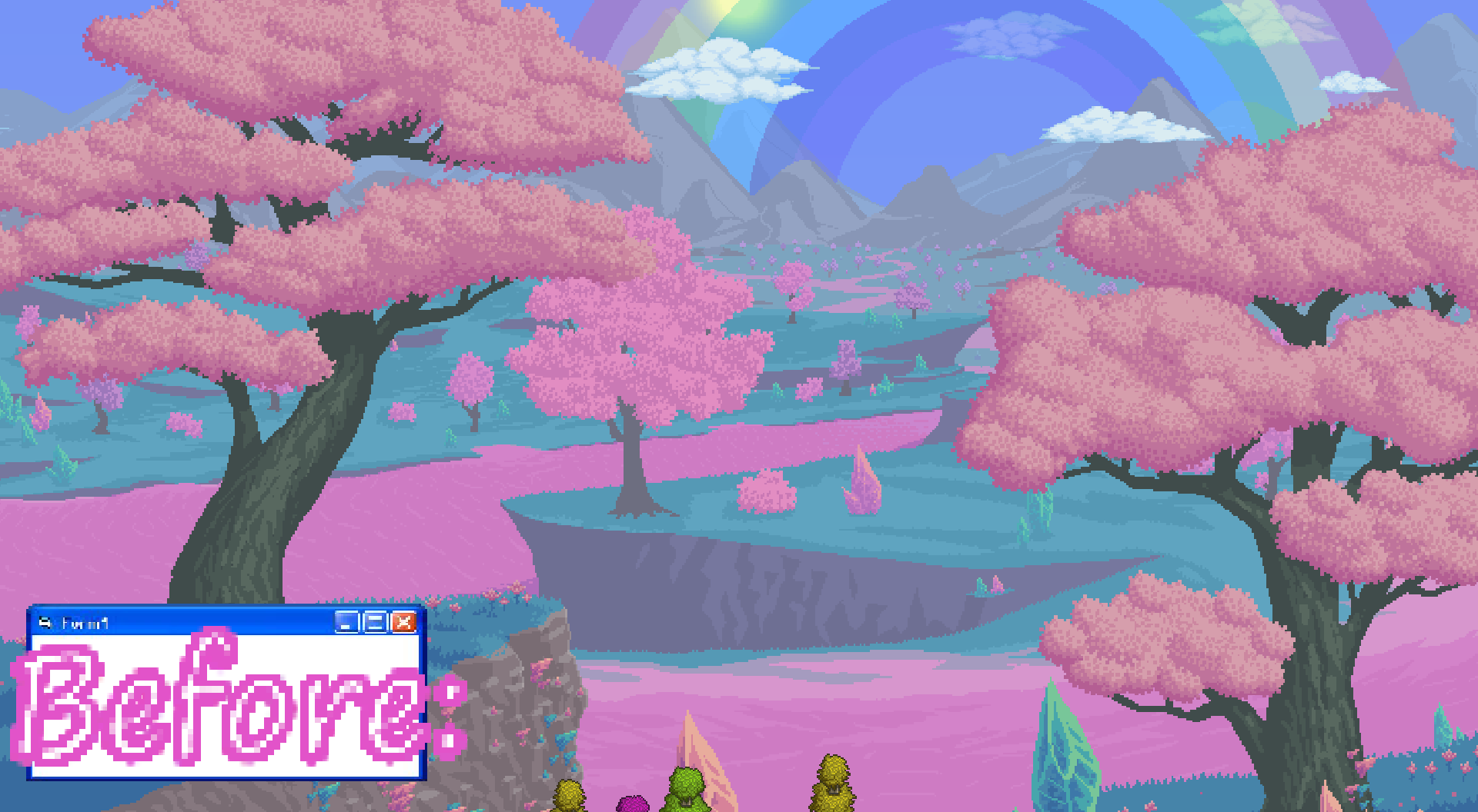 Terraria Better Redesigning Background (TBRB) – Redesign a Background – A field of sakura trees and crystals in between rivers! — screenshot 1