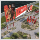 Posters, flags, street clocks